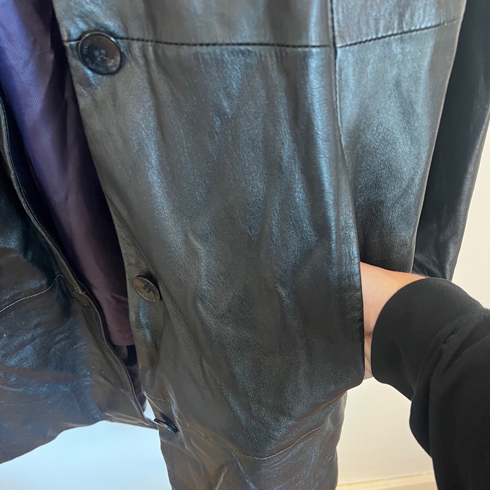 Vintage 90s Wilsons Leather Pelle Studio Black Trench Coat Mod Leather Jacket 1X - Picture 12 of 14